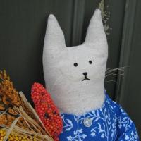 Primitive Cat with Autumn Harvest Bouquet, Albertina Corn Girl #1, Country Cottage Décor