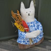 Primitive Cat with Autumn Harvest Bouquet, Albertina Corn Girl #2, Country Cottage Décor