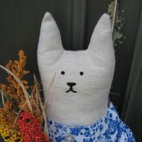 Primitive Cat with Autumn Harvest Bouquet, Albertina Corn Girl #2, Country Cottage Décor