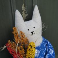 Primitive Cat with Autumn Harvest Bouquet, Albertina Corn Girl #3, Country Cottage Décor