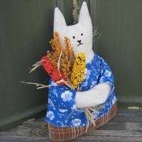 Primitive Cat with Autumn Harvest Bouquet, Albertina Corn Girl #3, Country Cottage Décor