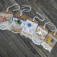 Primitive Lacy Gift Tags, Handmade Hangtags with Flowers and Pearls, Scrapbook Ornaments, Junk Journaling