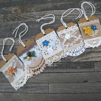 Primitive Lacy Gift Tags, Handmade Hangtags with Flowers and Pearls, Scrapbook Ornaments, Junk Journaling