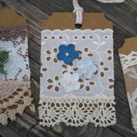 Primitive Lacy Gift Tags, Handmade Hangtags with Flowers and Pearls, Scrapbook Ornaments, Junk Journaling