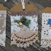 Primitive Lacy Gift Tags, Handmade Hangtags with Flowers and Pearls, Scrapbook Ornaments, Junk Journaling