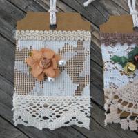 Primitive Lacy Gift Tags, Handmade Hangtags with Flowers and Pearls, Scrapbook Ornaments, Junk Journaling