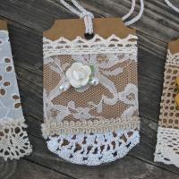 Primitive Lacy Gift Tags, Handmade Hangtags with Flowers and Pearls, Scrapbook Ornaments, Junk Journaling