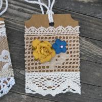 Primitive Lacy Gift Tags, Handmade Hangtags with Flowers and Pearls, Scrapbook Ornaments, Junk Journaling