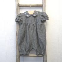  Baby Romper in Gray Pinstripe Linen with Hand-Embroidered Collar, Short-Sleeved 1-Pc. Linen Outfit for 3-to-6-Month-Old Baby