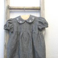  Baby Romper in Gray Pinstripe Linen with Hand-Embroidered Collar, Short-Sleeved 1-Pc. Linen Outfit for 3-to-6-Month-Old Baby