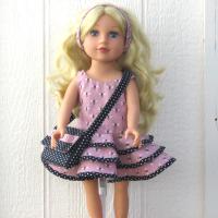 Dusty Pink Ruffled Dress for 18-inch Doll, Matching Bag and Headband, Bees and Polka Dots, Travel or Summer Party Outfit