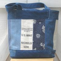 Upcycled Denim Tote in Patchwork Repurposed Blue Jeans Denim & Vintage Coin Bag Cotton, Lined Big Bag with Pockets