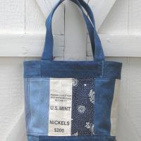 Upcycled Denim Tote in Patchwork Repurposed Blue Jeans Denim & Vintage Coin Bag Cotton, Lined Big Bag with Pockets