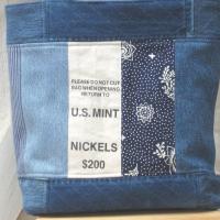 Upcycled Denim Tote in Patchwork Repurposed Blue Jeans Denim & Vintage Coin Bag Cotton, Lined Big Bag with Pockets
