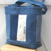 Upcycled Denim Tote in Patchwork Repurposed Blue Jeans Denim & Vintage Coin Bag Cotton, Lined Big Bag with Pockets