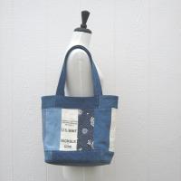 Upcycled Denim Tote in Patchwork Repurposed Blue Jeans Denim & Vintage Coin Bag Cotton, Lined Big Bag with Pockets