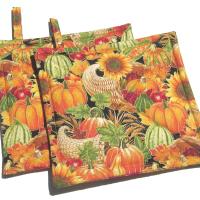 Autumn Harvest Potholders, Hot Pads w. Pumpkins, Sunflowers and Apples, USA Made Housewarming or Hostess Gift