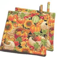 Autumn Harvest Potholders, Hot Pads w. Pumpkins, Sunflowers and Apples, USA Made Housewarming or Hostess Gift