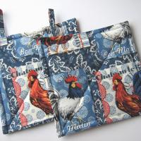 French Country Rooster Potholders, Handmade Quilted Hot Pads, Hostess, Housewarming Gift