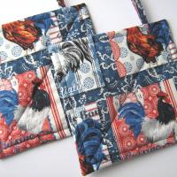 French Country Rooster Potholders, Handmade Quilted Hot Pads, Hostess, Housewarming Gift