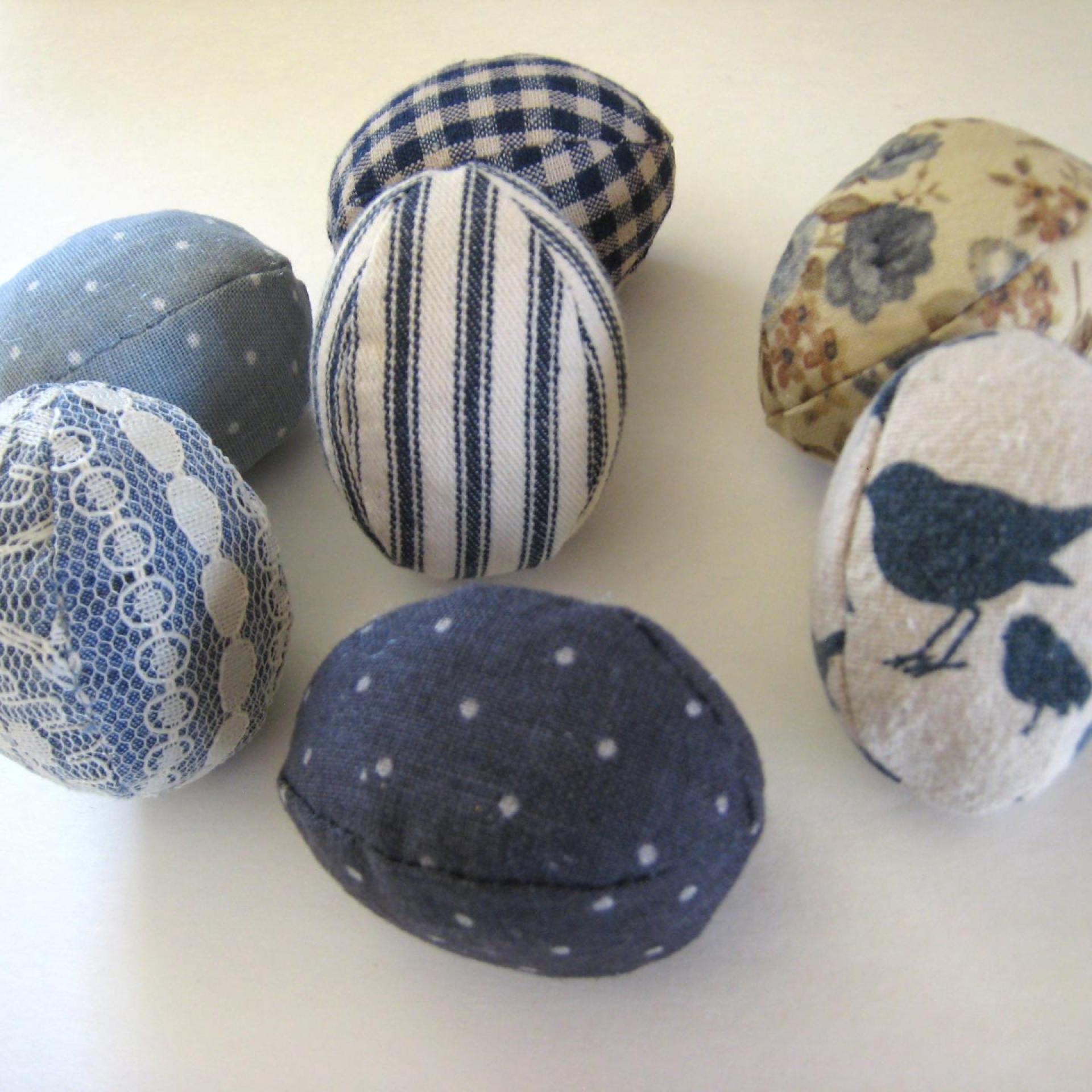 Easter Egg Bowl Fillers, Set of 7 Blue and Beige Small Stuffed Eggs, Trendy Table Décor, Tiered Tray Accent, USA Hand Crafted