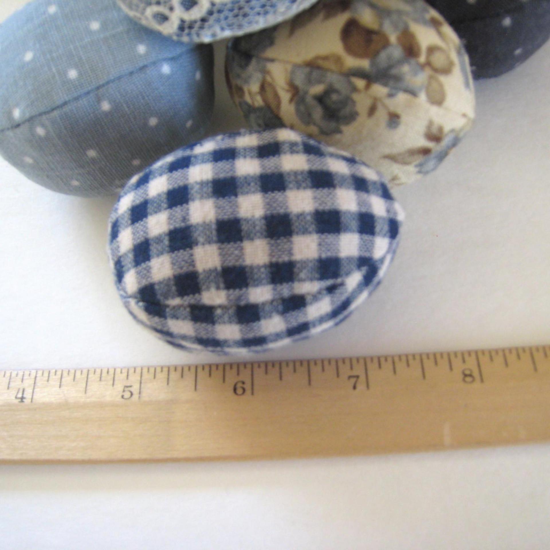 Easter Egg Bowl Fillers, Set of 7 Blue and Beige Small Stuffed Eggs, Trendy Table Décor, Tiered Tray Accent, USA Hand Crafted