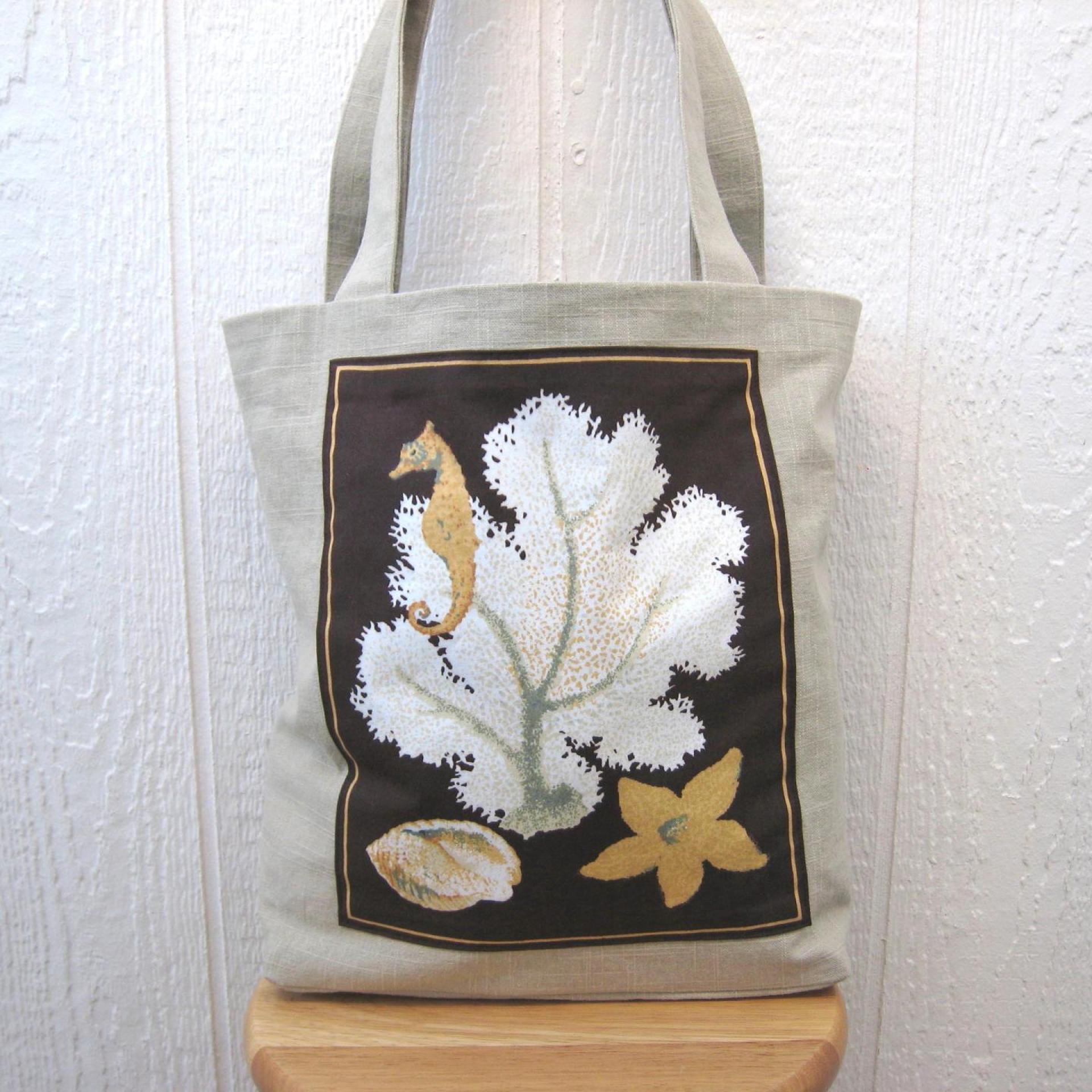 Seaside Tote Bag, Beige Beach Bag with Seahorse, White Coral, Seashell & Starfish, Market Shopping Tote, Vintage Fabric Panel, USA Handcrafted in New Mexico