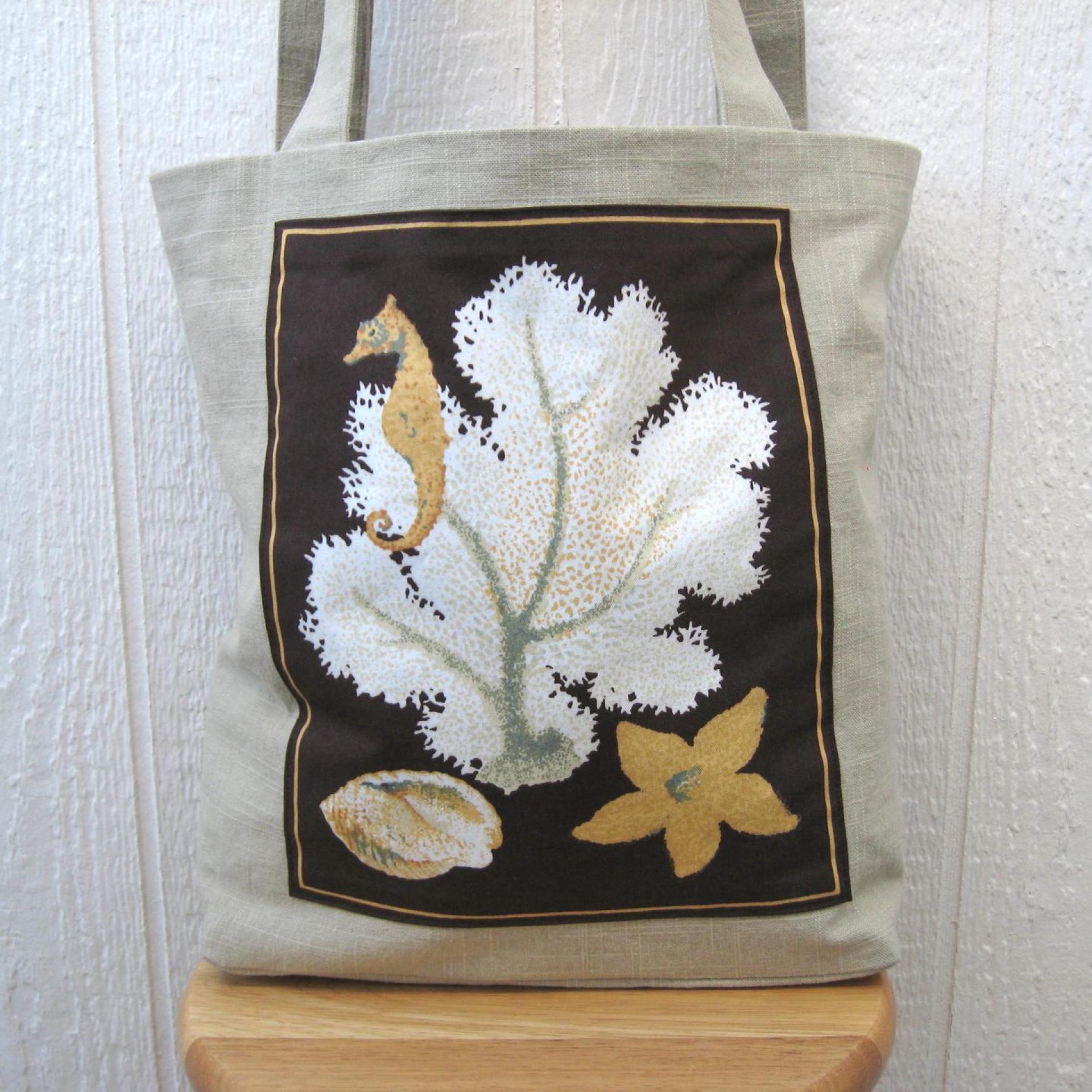 Seaside Tote Bag, Beige Beach Bag with Seahorse, White Coral, Seashell & Starfish, Market Shopping Tote, Vintage Fabric Panel, USA Handcrafted in New Mexico