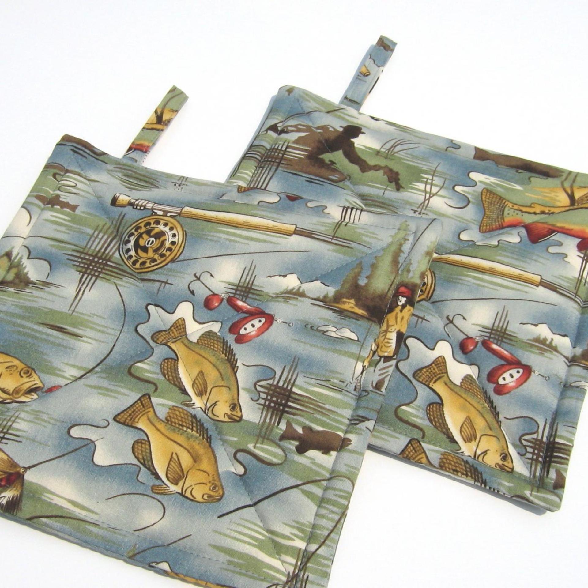 Fishing Potholders, Quilted Hot Pads Fisherman's Gift, Boat & Cabin Décor, Handmade Housewarming Gift