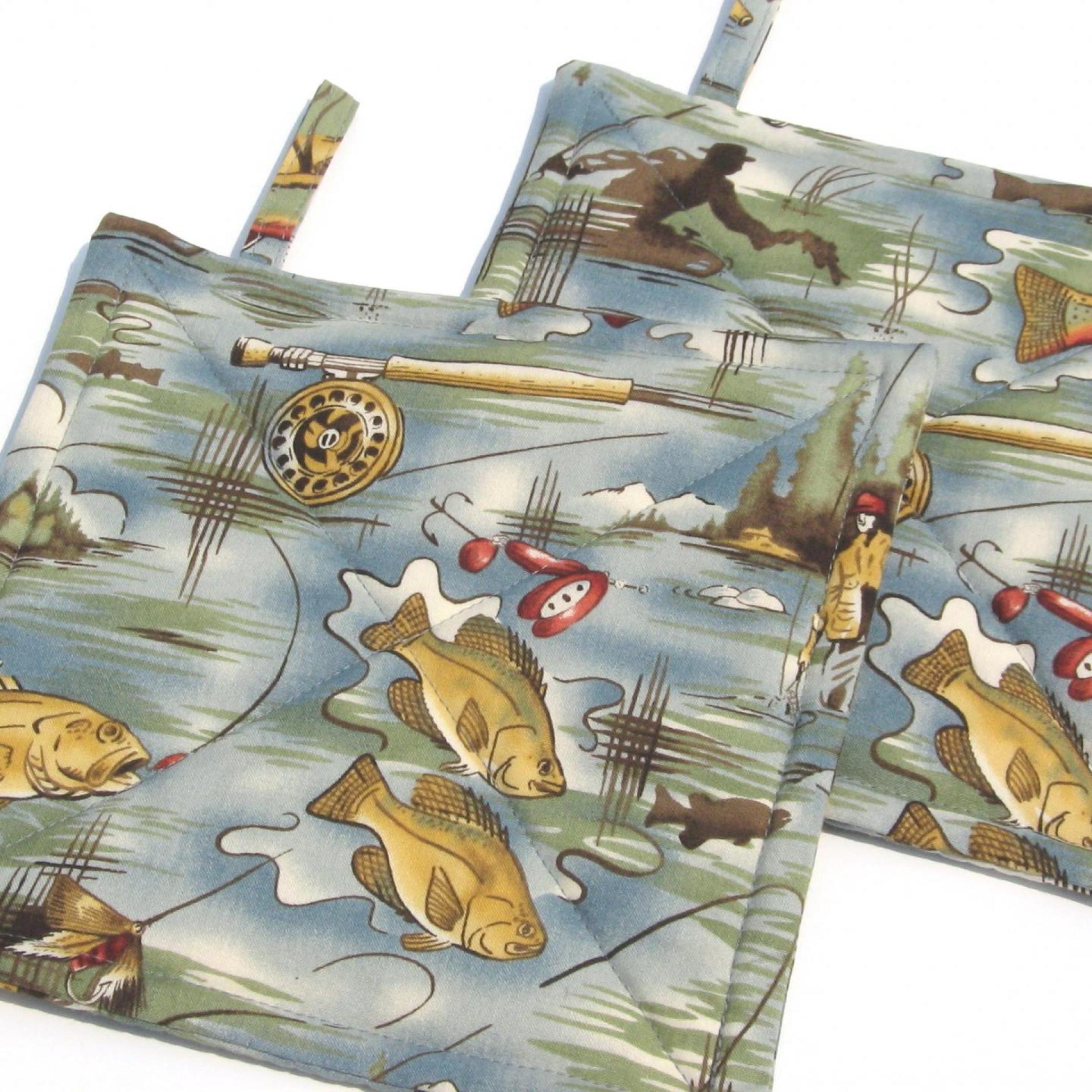 Fishing Potholders, Quilted Hot Pads Fisherman's Gift, Boat & Cabin Décor, Handmade Housewarming Gift