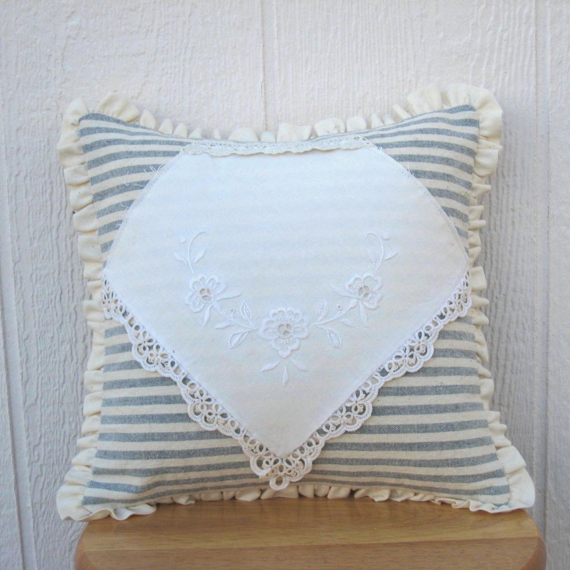 Cottage Décor Mini Pillow w. Ruffled Trim, Blue & White Striped Cotton w. Vintage Embroidered Hanky Applique, Insert Included, 12" x 12"