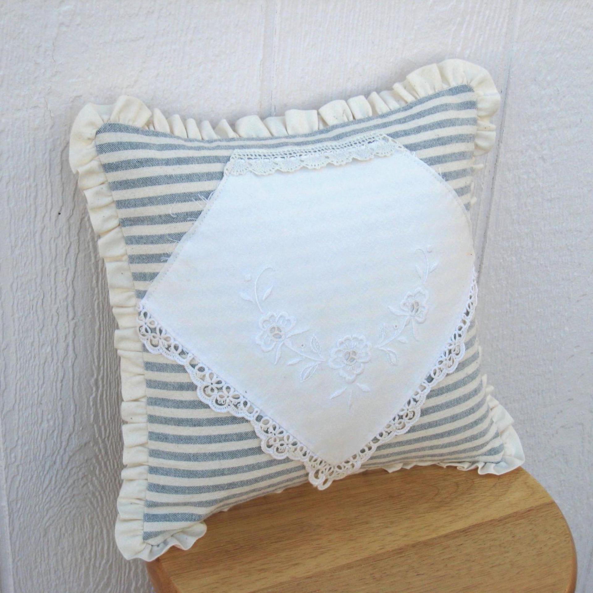 Cottage Décor Mini Pillow w. Ruffled Trim, Blue & White Striped Cotton w. Vintage Embroidered Hanky Applique, Insert Included, 12" x 12"