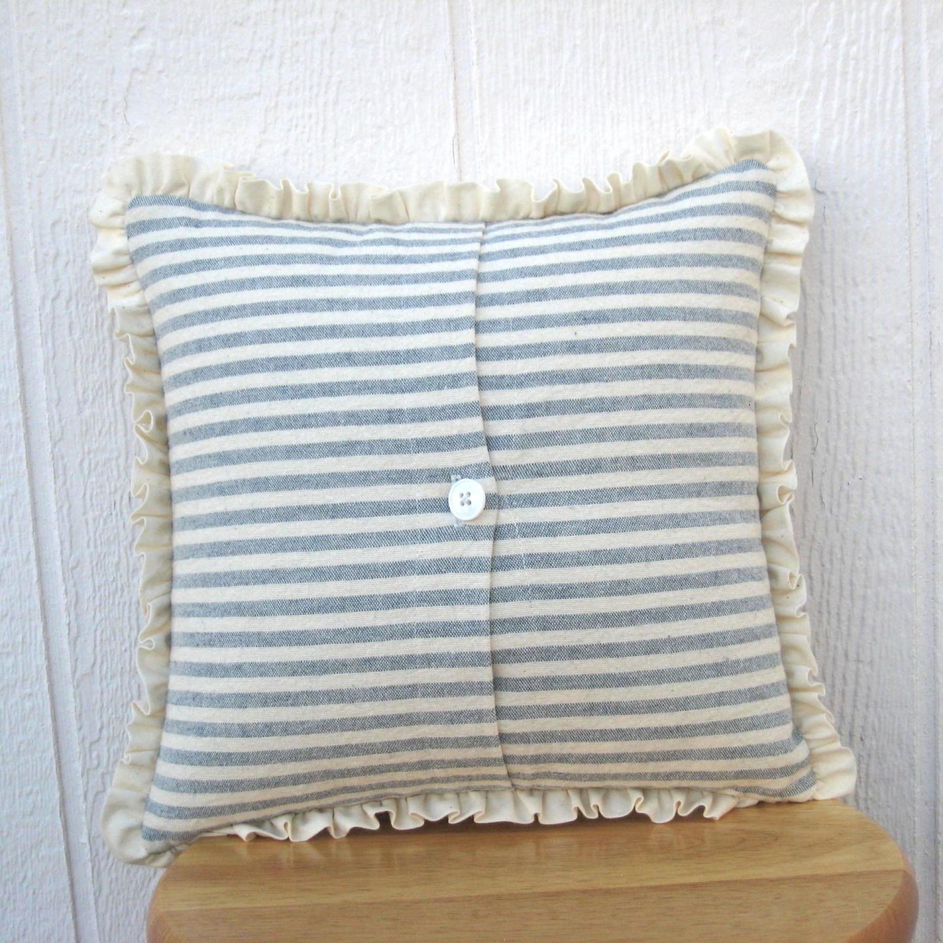 Cottage Décor Mini Pillow w. Ruffled Trim, Blue & White Striped Cotton w. Vintage Embroidered Hanky Applique, Insert Included, 12" x 12"