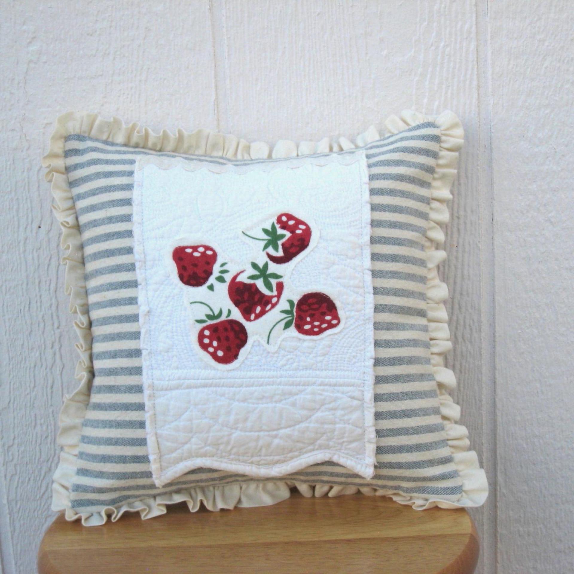 Cottage Décor Mini Pillow w. Ruffled Trim, Blue & White Stripe Cotton w. White Matelassé and Strawberry Applique, Insert Included, 12" x 12"
