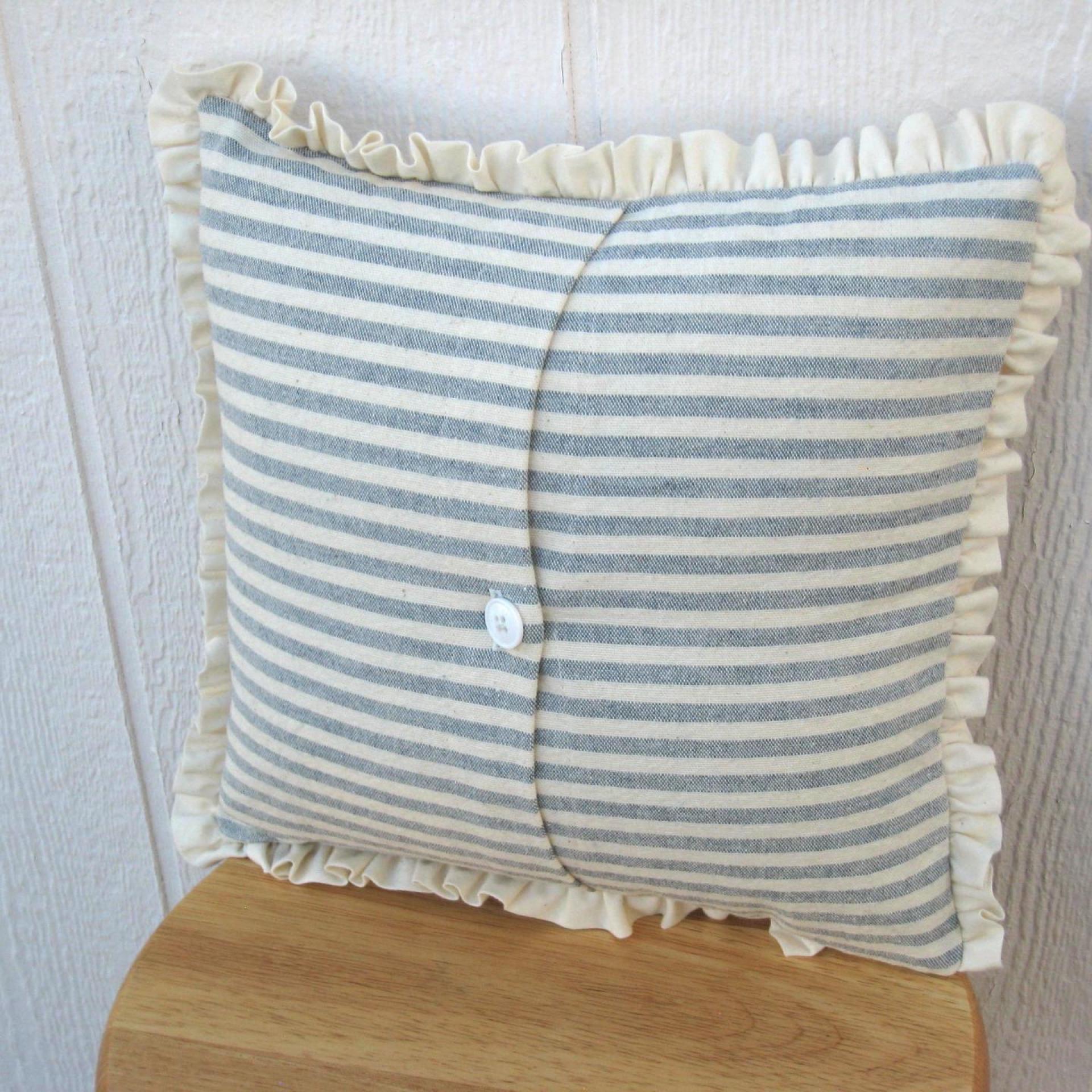 Cottage Décor Mini Pillow w. Ruffled Trim, Blue & White Stripe Cotton w. White Matelassé and Strawberry Applique, Insert Included, 12" x 12"