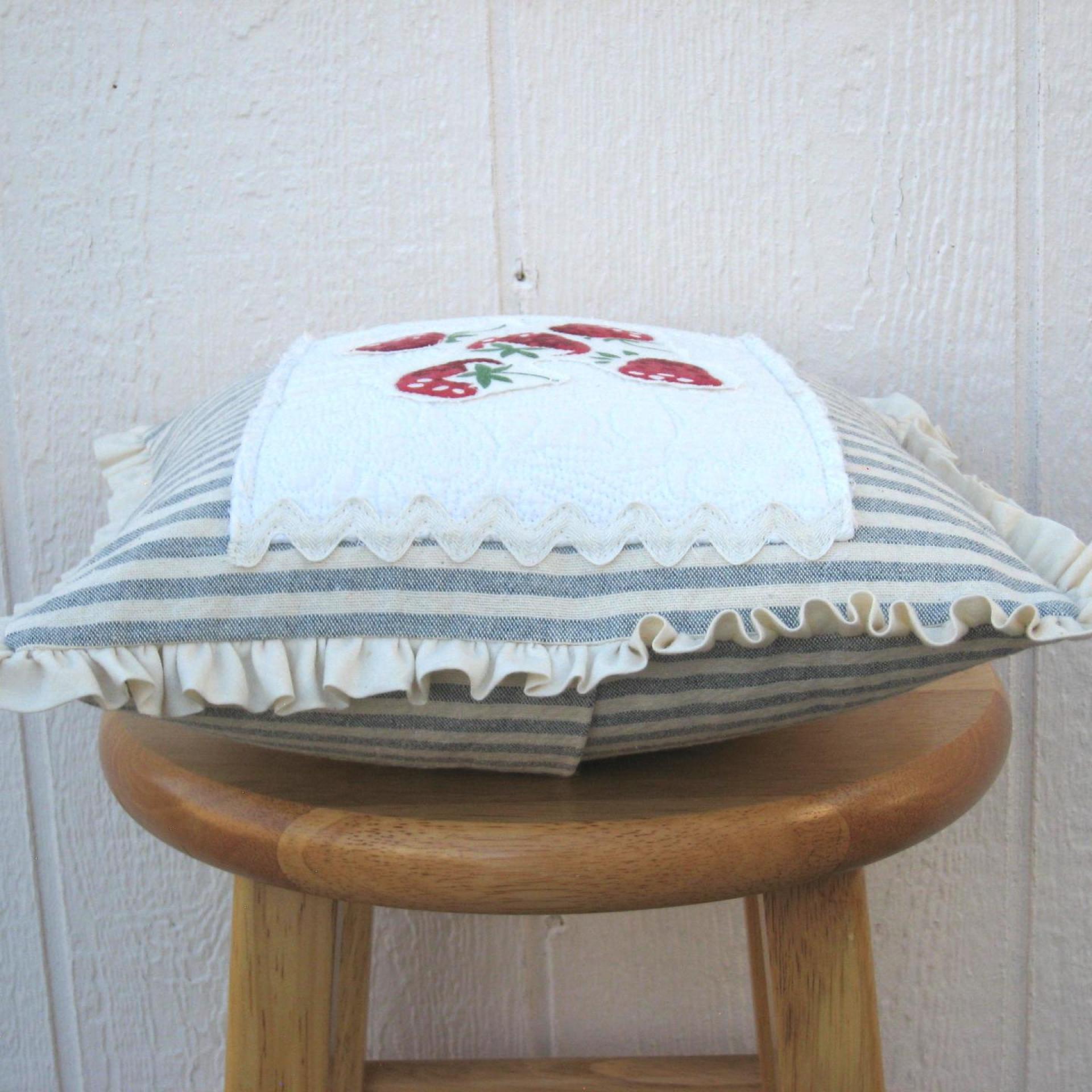 Cottage Décor Mini Pillow w. Ruffled Trim, Blue & White Stripe Cotton w. White Matelassé and Strawberry Applique, Insert Included, 12" x 12"