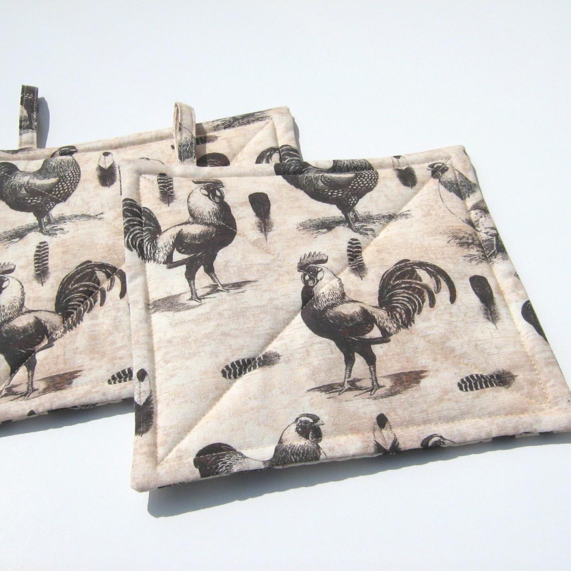 Roosters & Chickens Potholders, Quilted Handmade Hot Pads in Black, Grey, Pink Sand and Cream, Housewarming, Hostess Gift