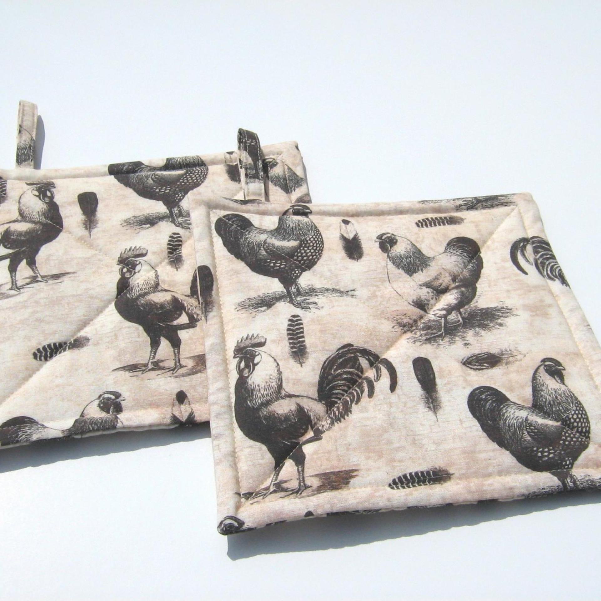 Roosters & Chickens Potholders, Quilted Handmade Hot Pads in Black, Grey, Pink Sand and Cream, Housewarming, Hostess Gift