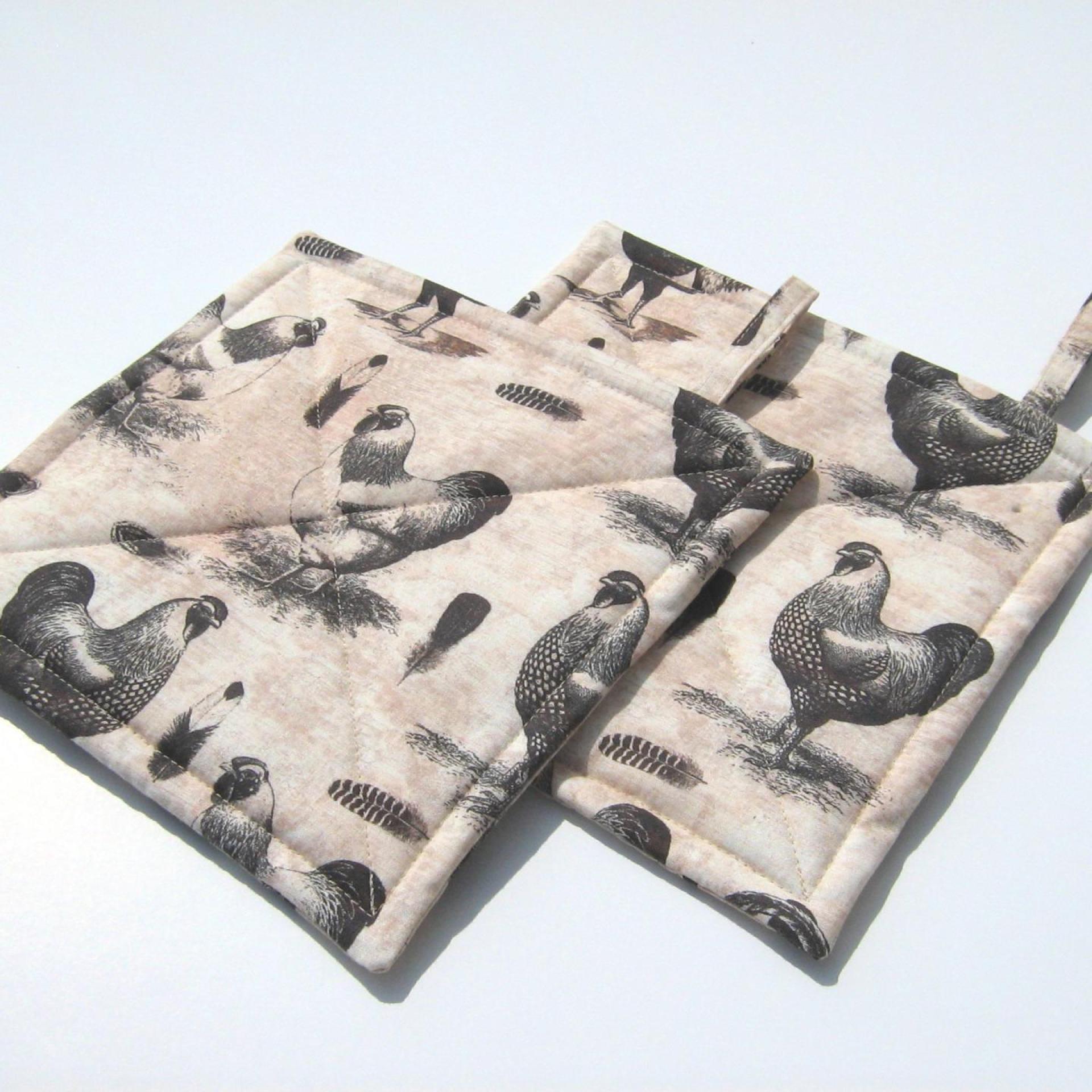 Roosters & Chickens Potholders, Quilted Handmade Hot Pads in Black, Grey, Pink Sand and Cream, Housewarming, Hostess Gift