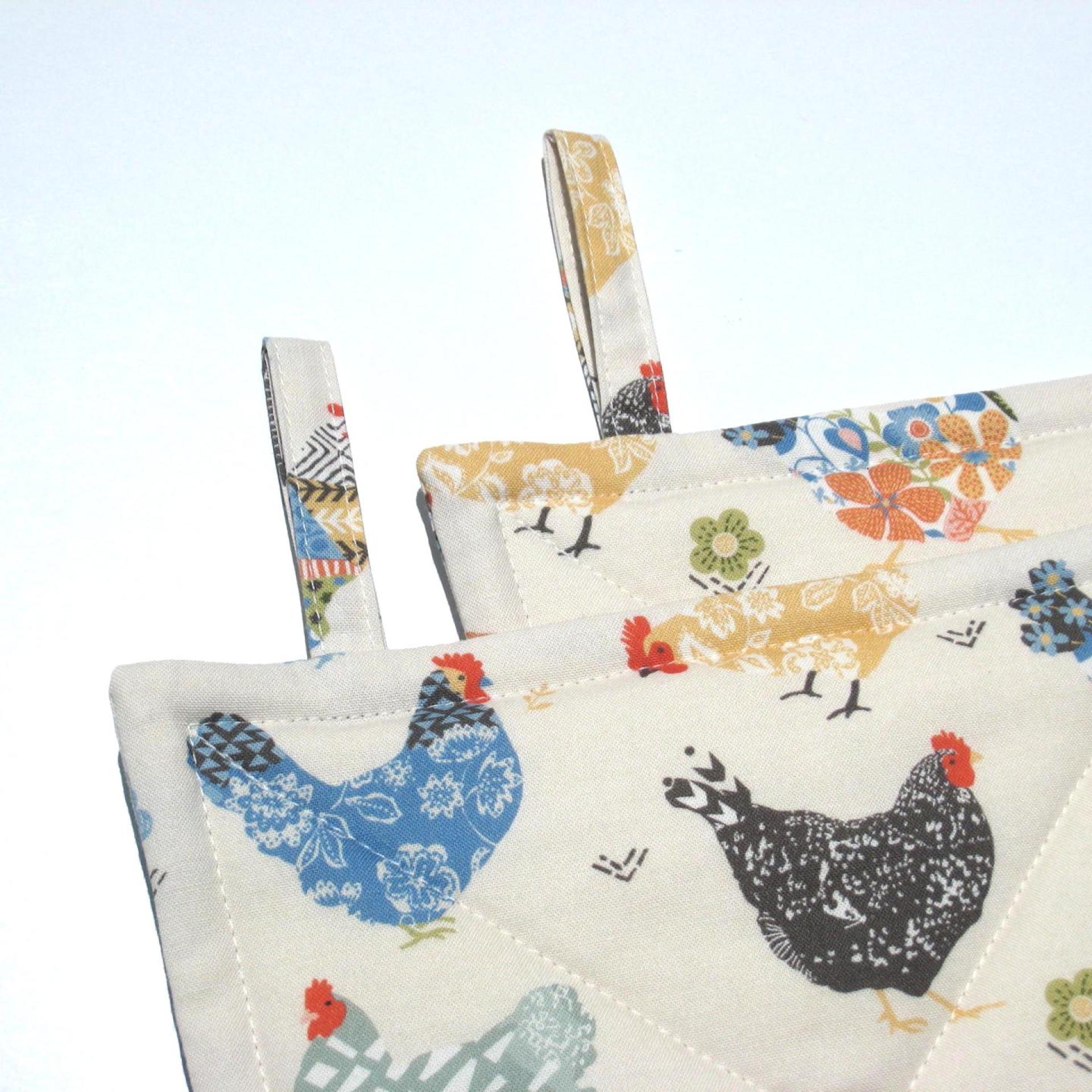 Calico Chickens Quilted Potholders, Yellow, Blue & Gray Hot Pads, USA Hand Made, Wrapped for Gift Giving