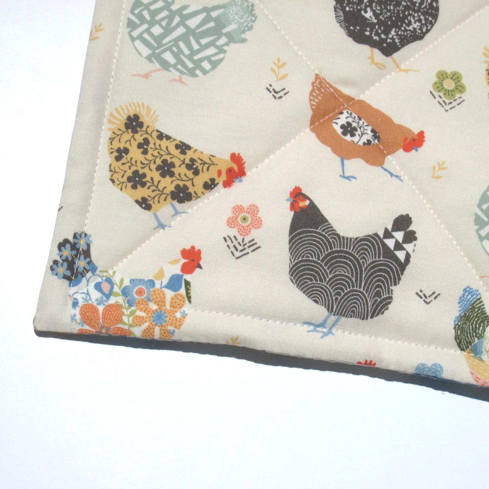 Calico Chickens Quilted Potholders, Yellow, Blue & Gray Hot Pads, USA Hand Made, Wrapped for Gift Giving