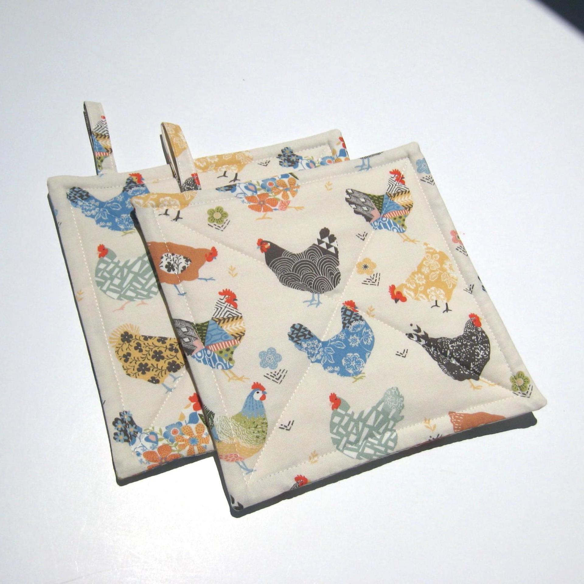 Calico Chickens Quilted Potholders, Yellow, Blue & Gray Hot Pads, USA Hand Made, Wrapped for Gift Giving