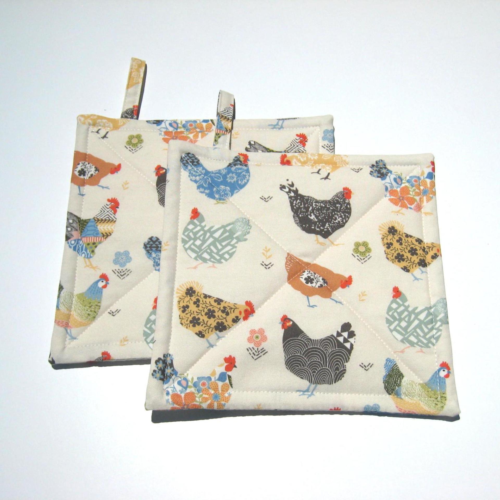 Calico Chickens Quilted Potholders, Yellow, Blue & Gray Hot Pads, USA Hand Made, Wrapped for Gift Giving