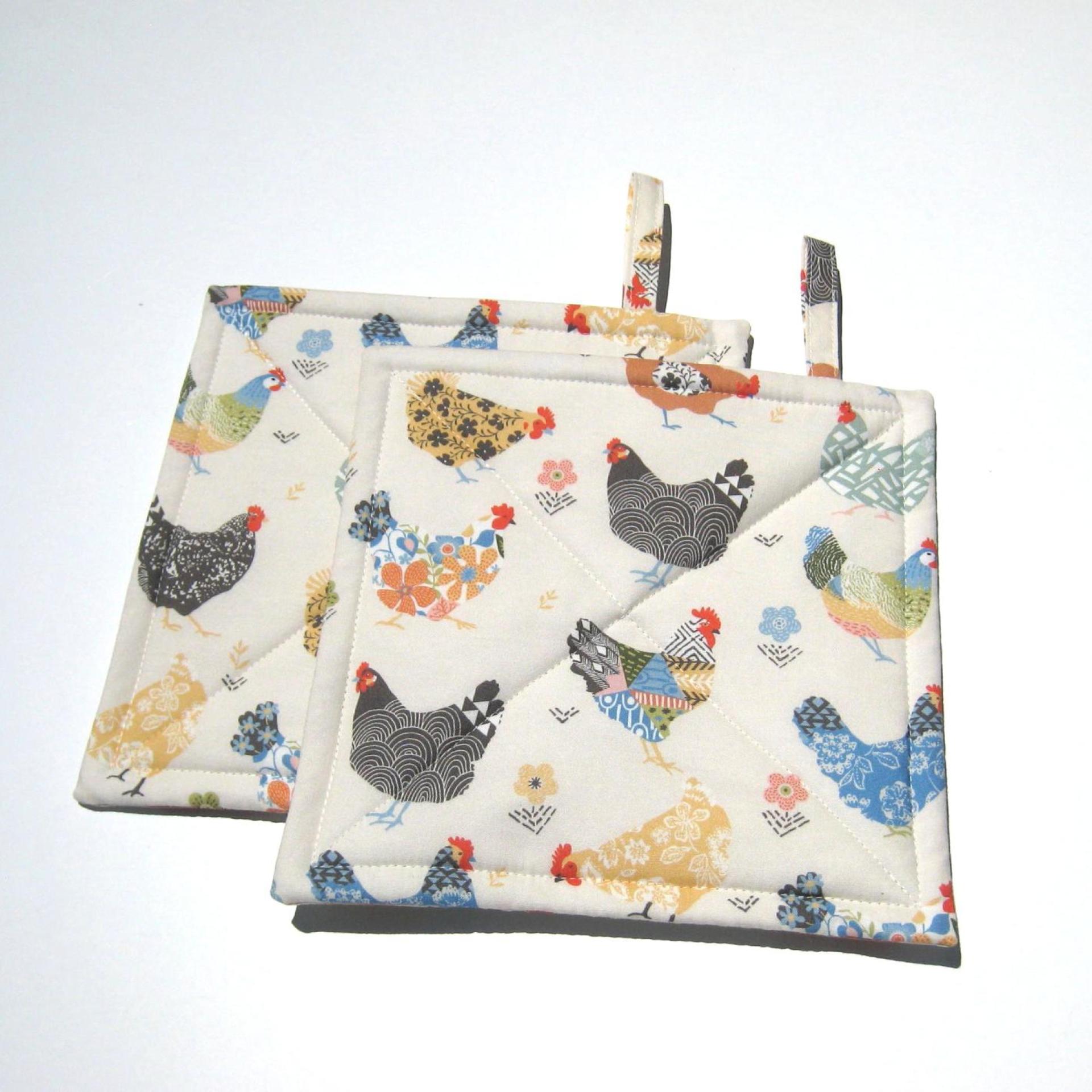 Calico Chickens Quilted Potholders, Yellow, Blue & Gray Hot Pads, USA Hand Made, Wrapped for Gift Giving