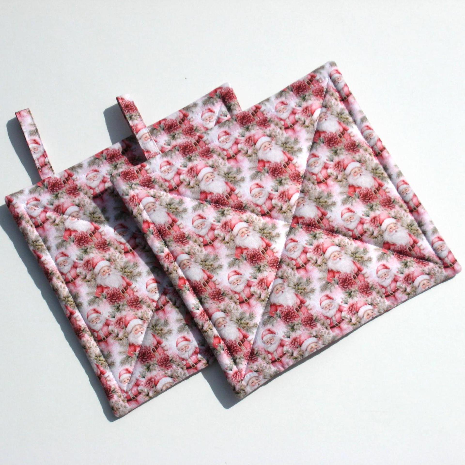 Pink Christmas Potholders, Mini Santa Quilted Hot Pads, USA Handmade, Wrapped for Gift Giving