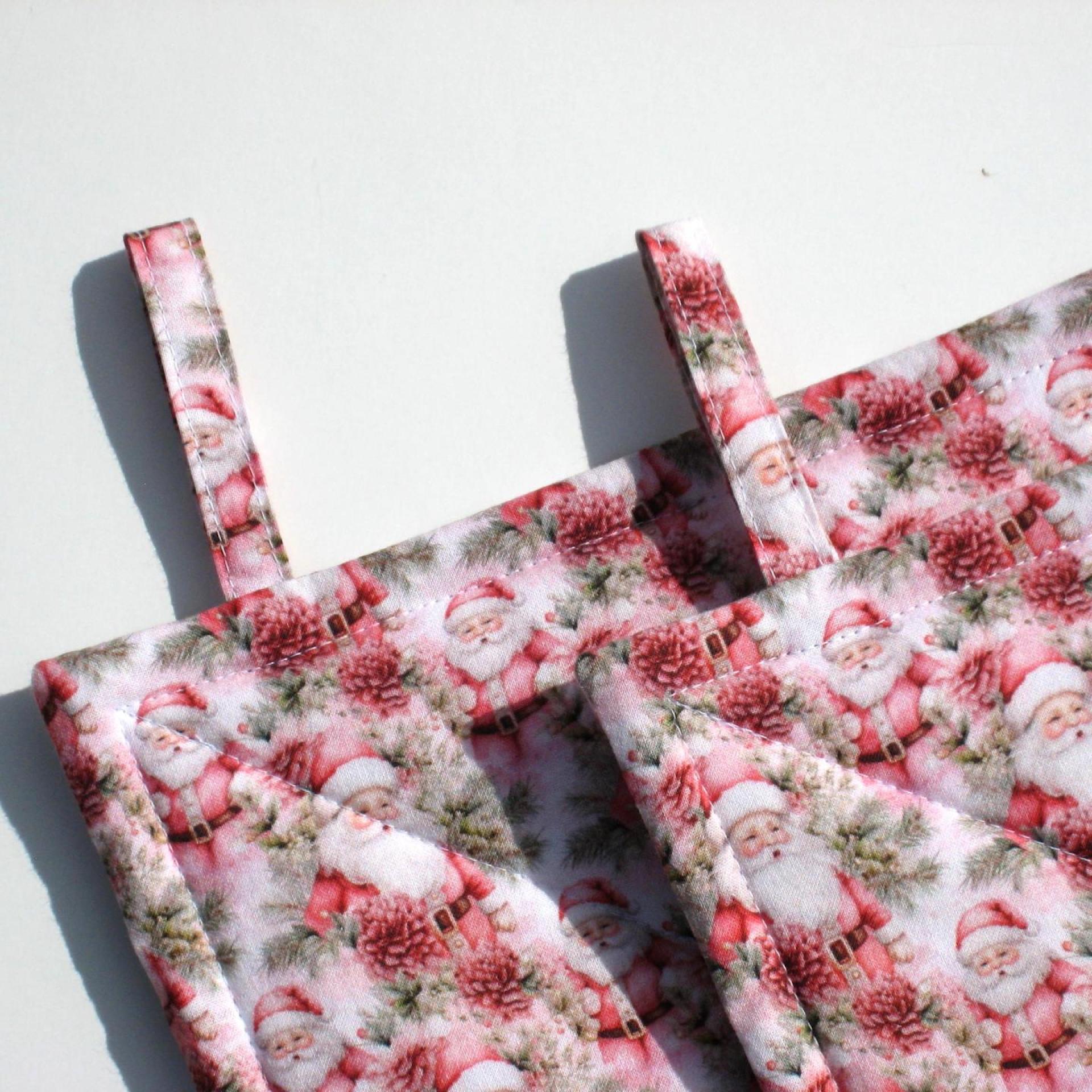 Pink Christmas Potholders, Mini Santa Quilted Hot Pads, USA Handmade, Wrapped for Gift Giving