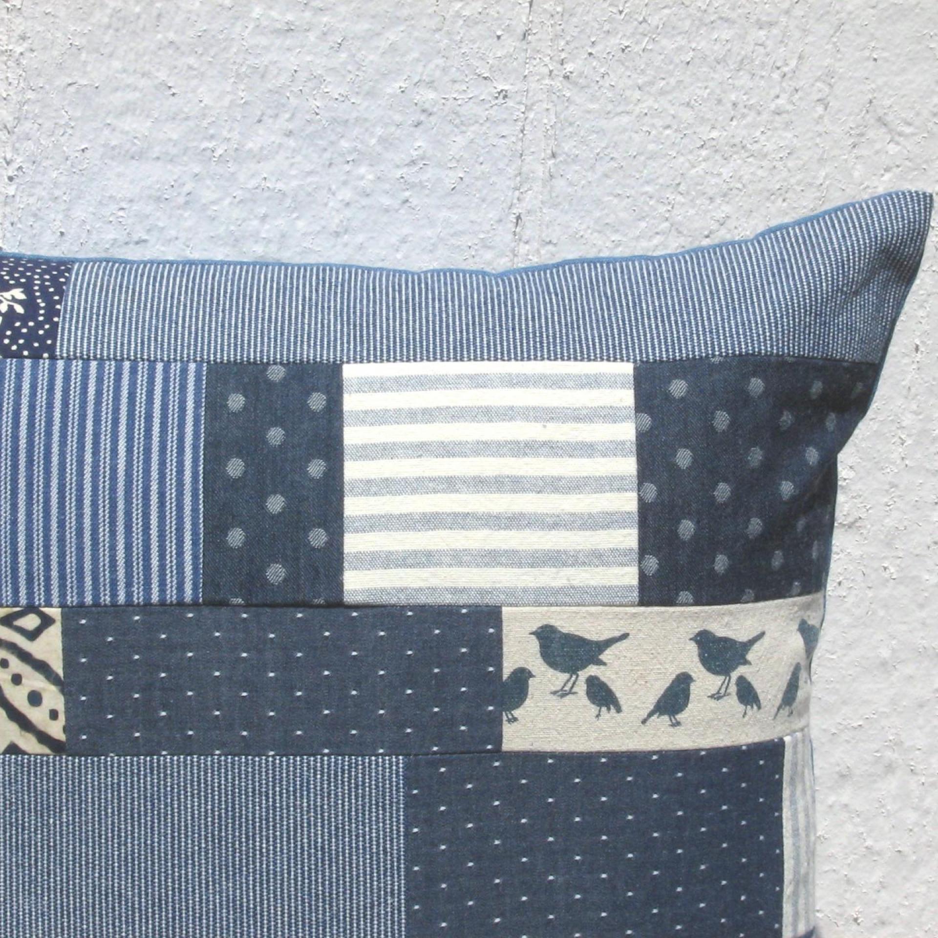 Denim Patchwork Pillow Cover, Upcycled Indigo Home Décor, Boho Style 18 x 18 Pillow Cover