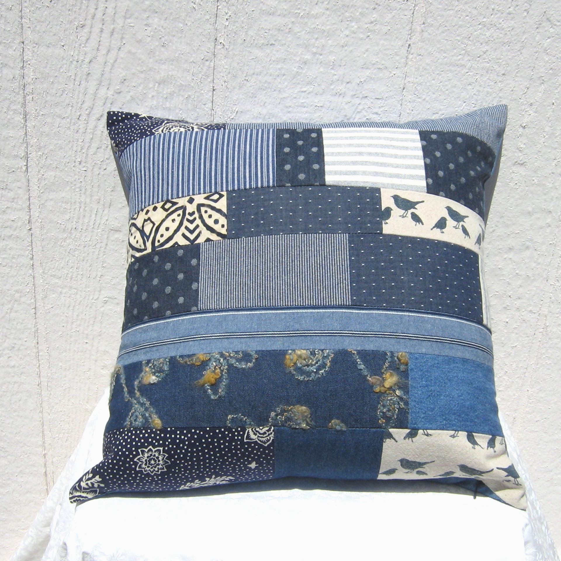 Denim Patchwork Pillow Cover, Upcycled Indigo Home Décor, Boho Style 18 x 18 Pillow Cover