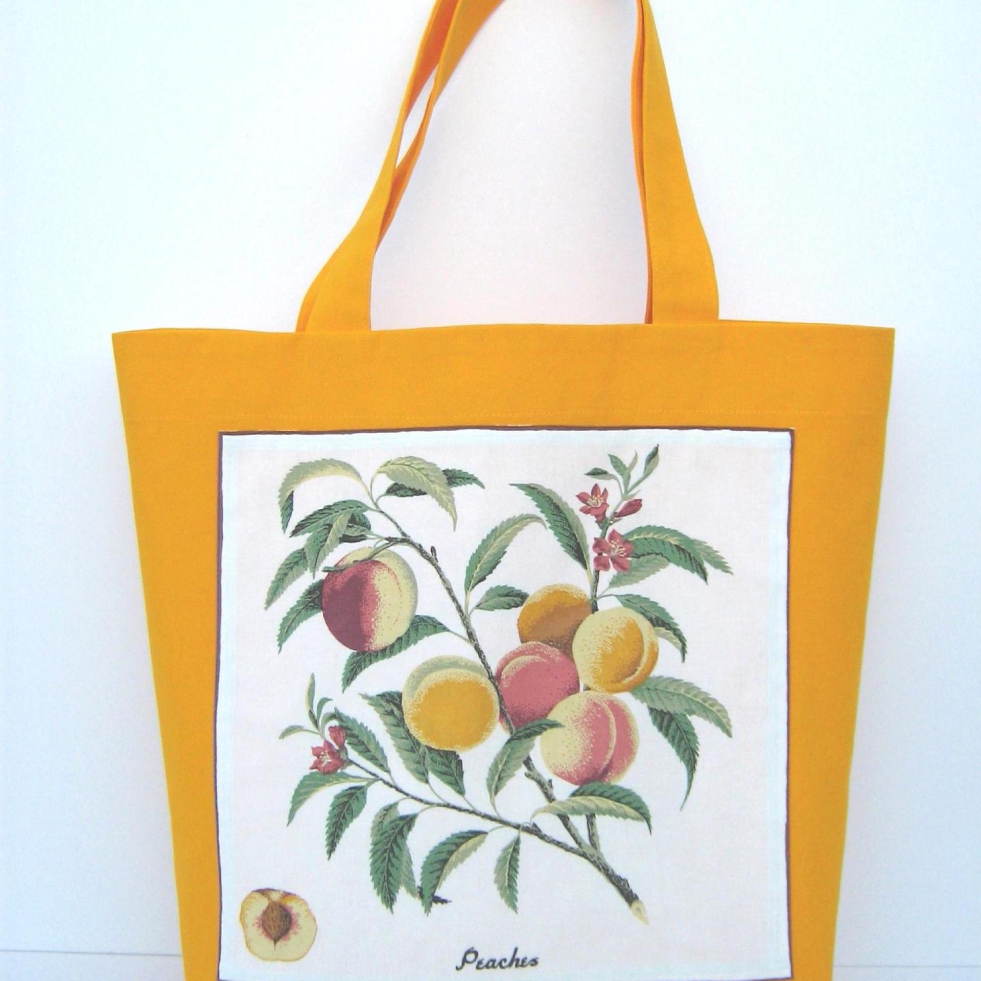 Fabric Shopping Bag, Orange Duck Canvas Tote with Vintage Peach Botanical Illustration, Eco-Friendly