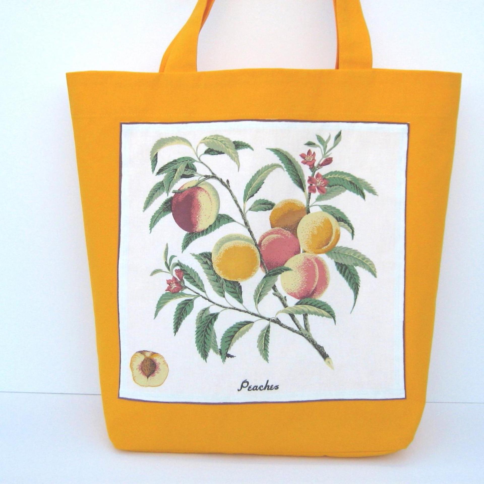 Fabric Shopping Bag, Orange Duck Canvas Tote with Vintage Peach Botanical Illustration, Eco-Friendly